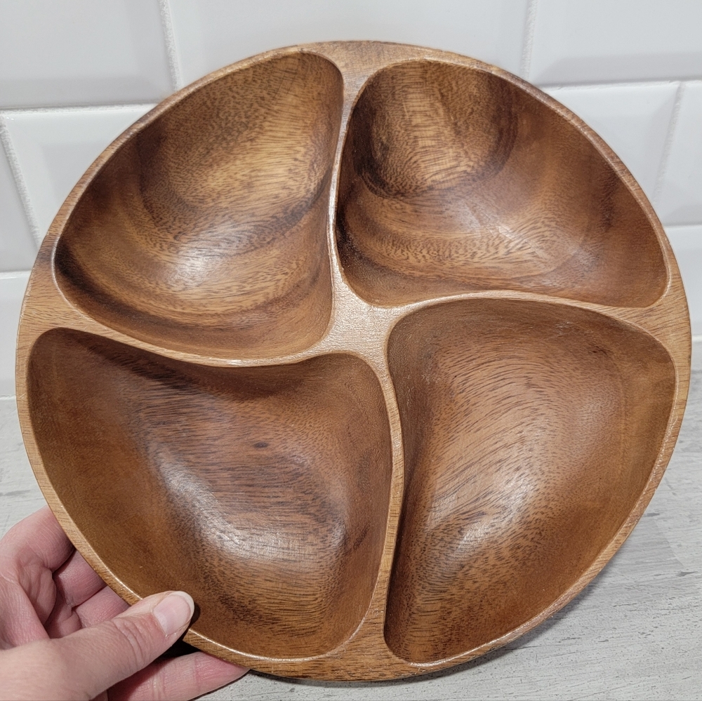 Vintage Wooden Swivel Serving Dish Divided Plate Carved Lazy Susan Mid-Century - Picture 4 of 15
